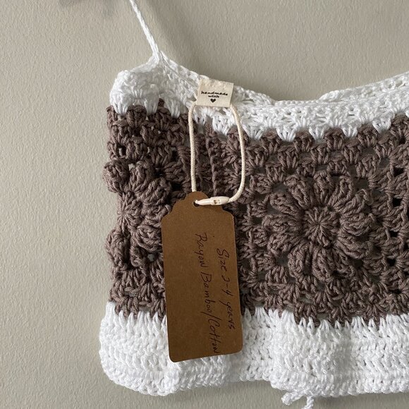 NWT Handmade Crochet White Brown Children's Granny Square Tie Straps Crop Top - Picture 3 of 5